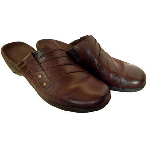 Clarks May Flower Leather Slip On Dark Brown Top Stitched Clogs Shoes Sz 9 M